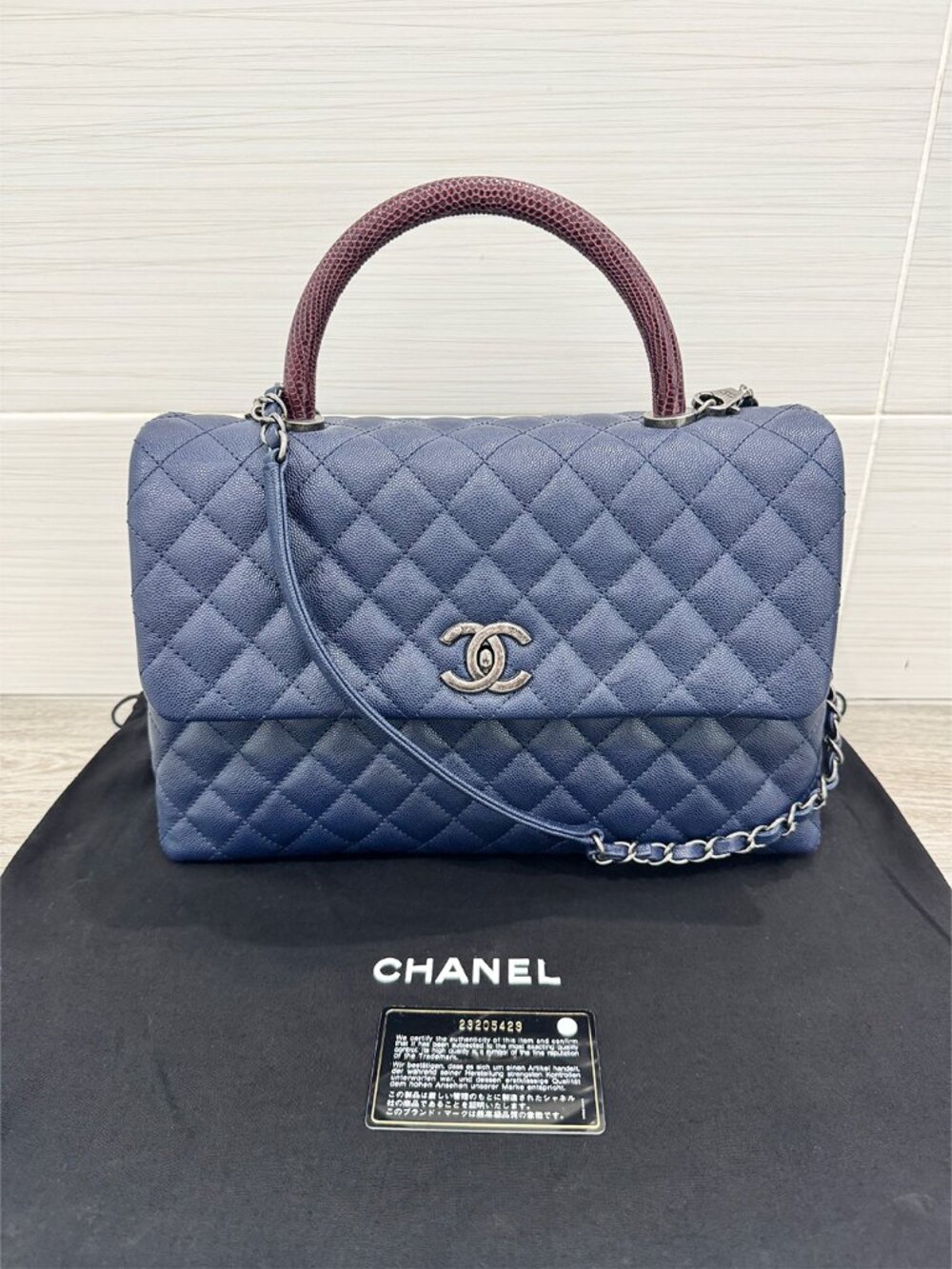 Like New Chanel Navy/Burgundy Quilted Caviar Leather Coco Lizard Handle Bag - Picture 13 of 13